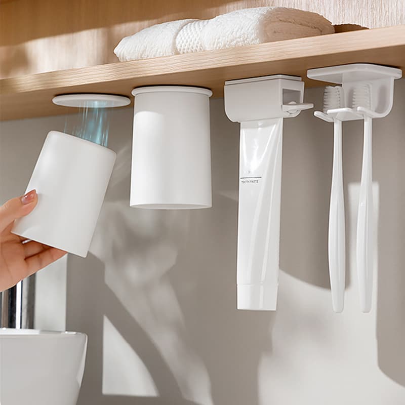 Various Bathroom Gadgets: Magnetic Mouthwash Cup under the Mirror Cabinet, Upside-Down Toothbrush Holder for a Family of Four, Toothpaste Dispenser