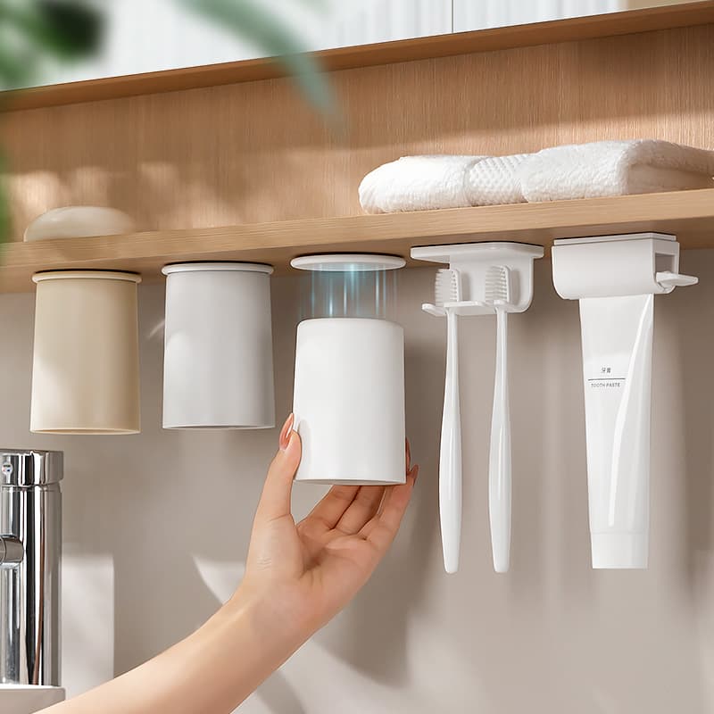 Magnetic Toothbrush Cup and Toothbrush Holder under the Mirror Cabinet, Family of Four Mouthwash Cup Set, Toothbrush Holder, Toothpaste Dispenser