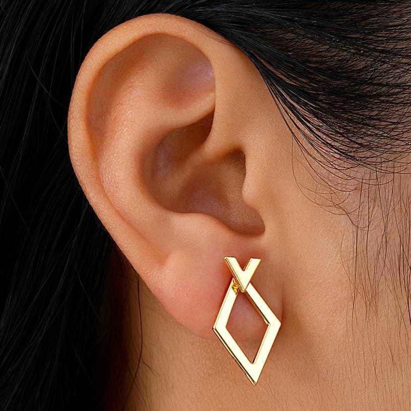 Hollow Gold Earrings European and American Simple Geometric Rhombus Hollow Earrings Double-Layer Design Earrings