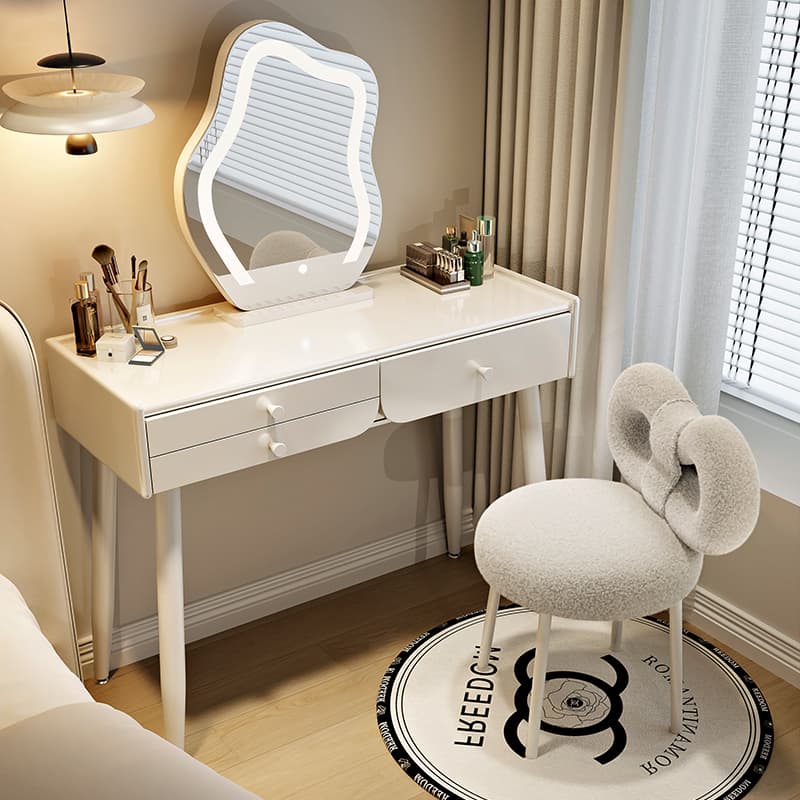 French-Style Cream-Colored Master Bedroom Dressing Table, Modern Minimalist Solid Wood Vanity Table, Small Bedroom Desk and Dressing Table Combo