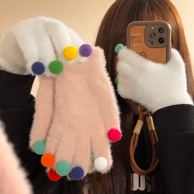 Colorful Ball Plush Gloves Winter Women's 2024 New Style Fleece-Lined Warm and Cold-Proof Student Cycling Electric Vehicle Five-Finger Gloves