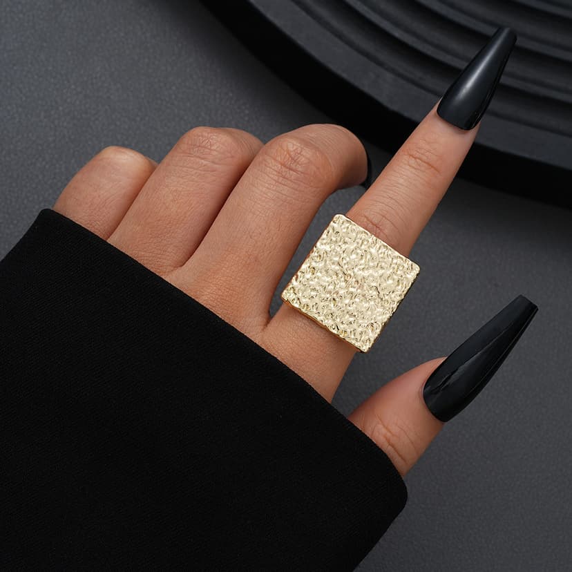 Square Ring Cross-Border New Style European and American Square Geometric Texture Metal Ring for Women, Gold Adjustable Jewelry