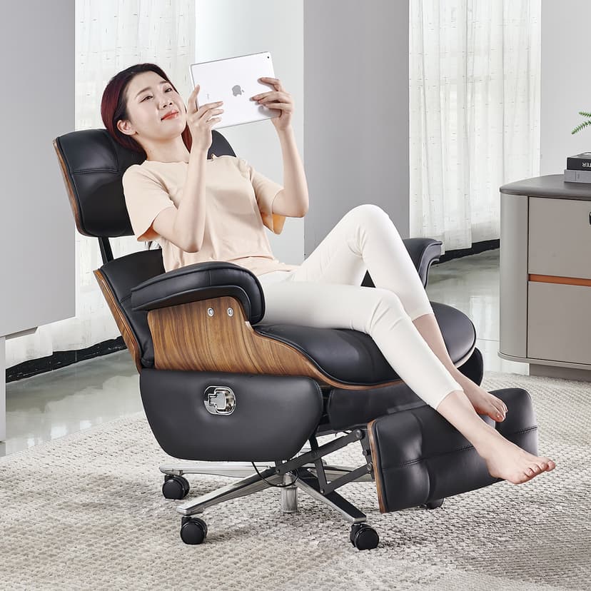 Electric Massage Eames Recliner with Dual Motors, Genuine Leather Executive Chair, Office Reclining Nap Computer Chair