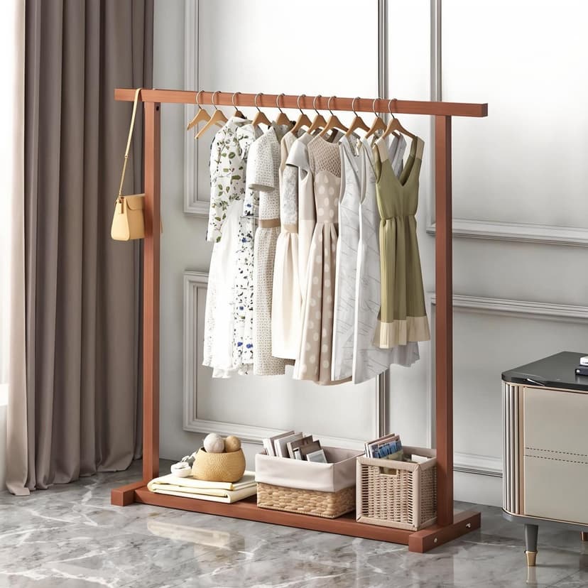 Solid Wood Clothes Rack, Freestanding Floor-Standing Clothes Hanger, Bedroom Household Vintage Coat Rack, Small Apartment Simple Clothes Drying Rack