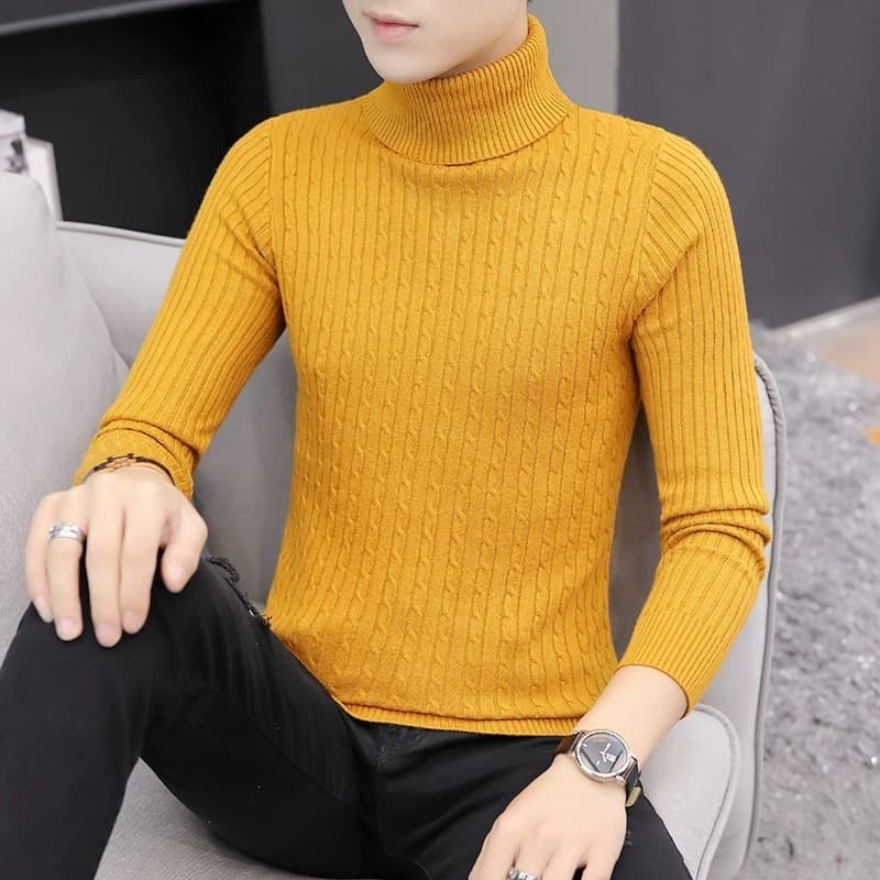 2025 Autumn and Winter Men's Solid Color Turtleneck Sweater Slim Fit Base Shirt Cable Knit Long Sleeve Men's Knitwear