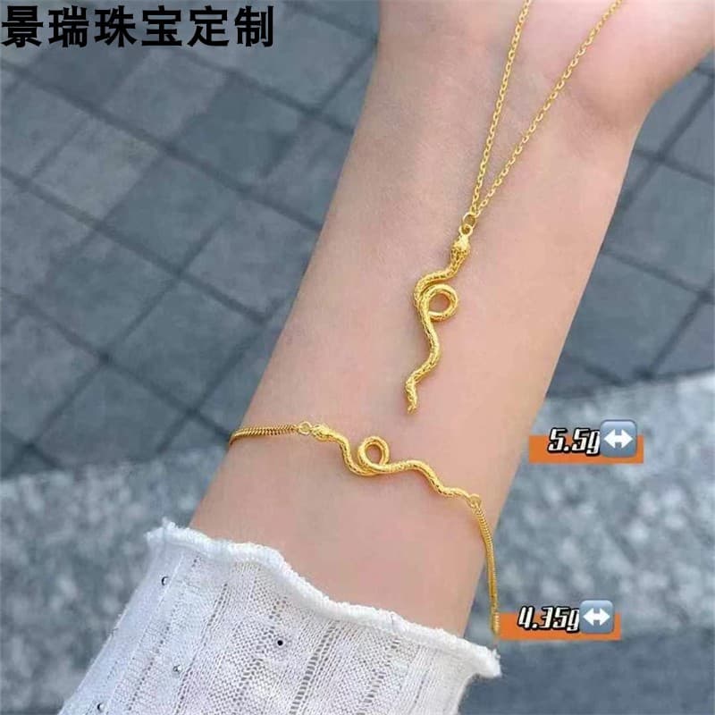New 999 Pure Gold 5g Craftsmanship Snake-Shaped Pendant Year of the Snake Zodiac Pattern Three-Dimensional Snake Gold Necklace Set for Women