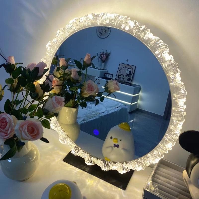 Makeup Mirror, Trendy Acrylic Mirror with Light, Ambient Light Vanity Mirror, Three-Color Dimming, Irregular-Shaped Mirror, Dressing Table Mirror, Light-Up Mirror