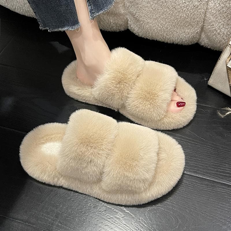 soft sole Women's Furry Slippers for Outdoor Wear 2025 New Spring and Autumn Flat Furry Shoes One-Strap Home Cotton Slippers