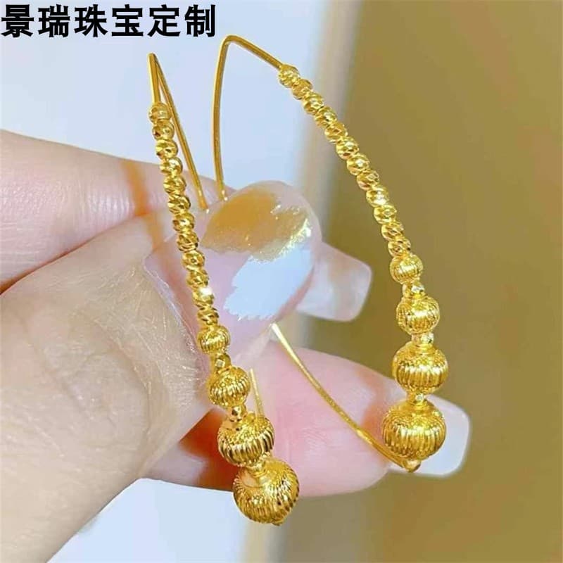 New 999 Pure Gold 5g Craftsmanship Laser Illusion Disco Bead Sparkling Gold Earrings, Fashionable and Versatile High-End Women's Style