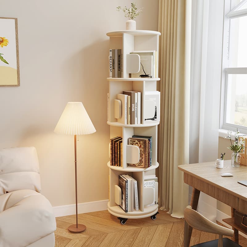 Round Rotating Bookshelf for Children, Space-Saving, Solid Wood, Simple, 40cm Wide, Mobile Storage Rack, Corner Bookcase, White