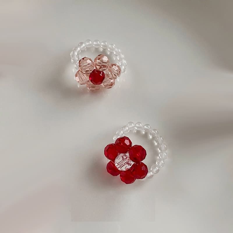 Flower Ring Handmade Vintage Beaded Crystal Flower Ring for Women Cute Woven Color-Block Fashion Women's Jewelry