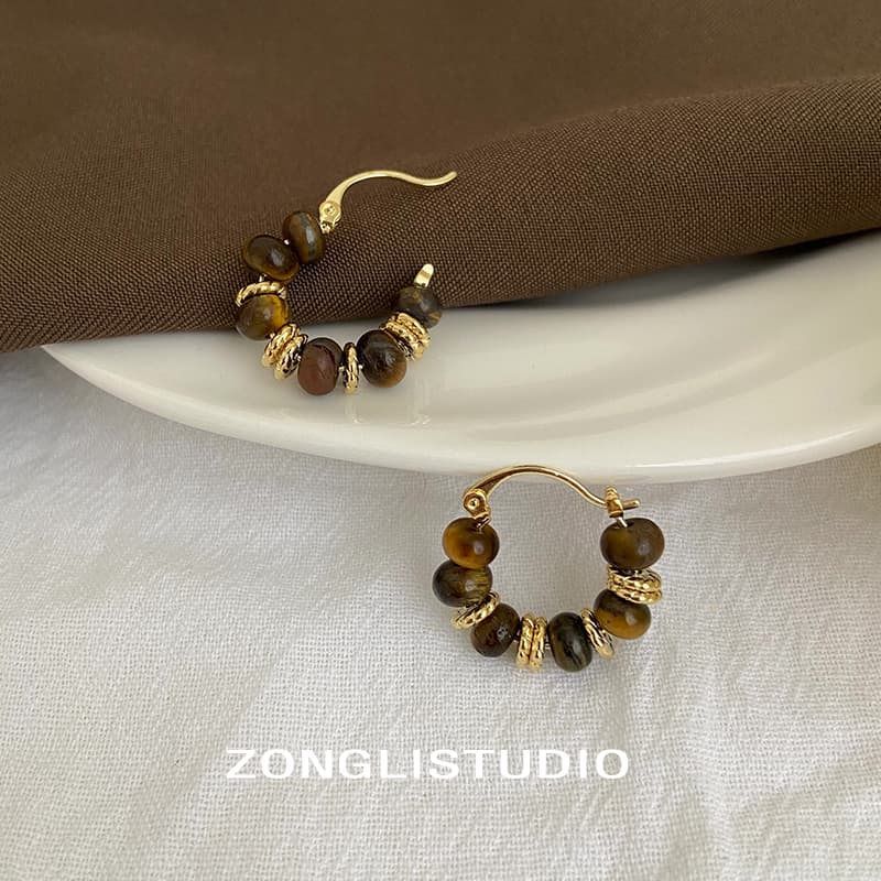 Zongli Autumn and Winter Retro Natural Tiger Eye Stone Beaded Earrings Maillard Temperament Earrings Light Luxury High-End Earrings