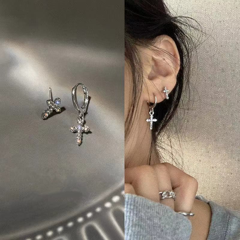 Cross Earrings 925 Silver Needle Asymmetric Diamond-Encrusted Cross Stud Earrings Minimalist Style Fashion Earrings