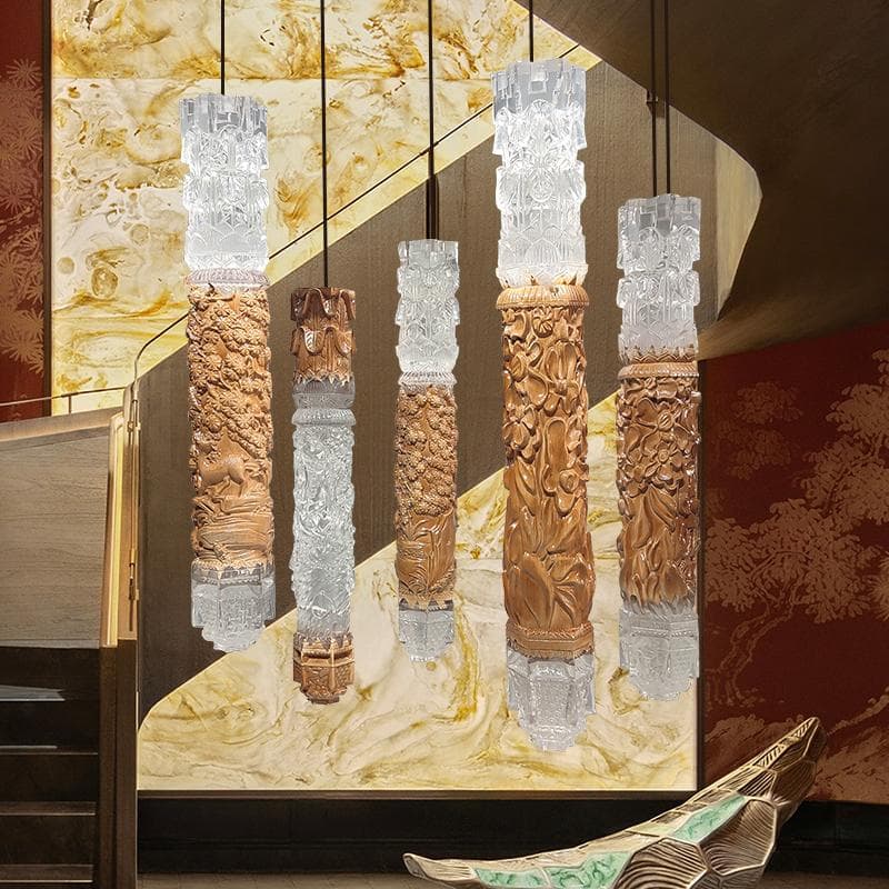 New Chinese-style Solid Wood Transparent Resin Carved Octagon Cylinder Air Hanging Decoration Hotel Homestay Corridor Hanging Decoration