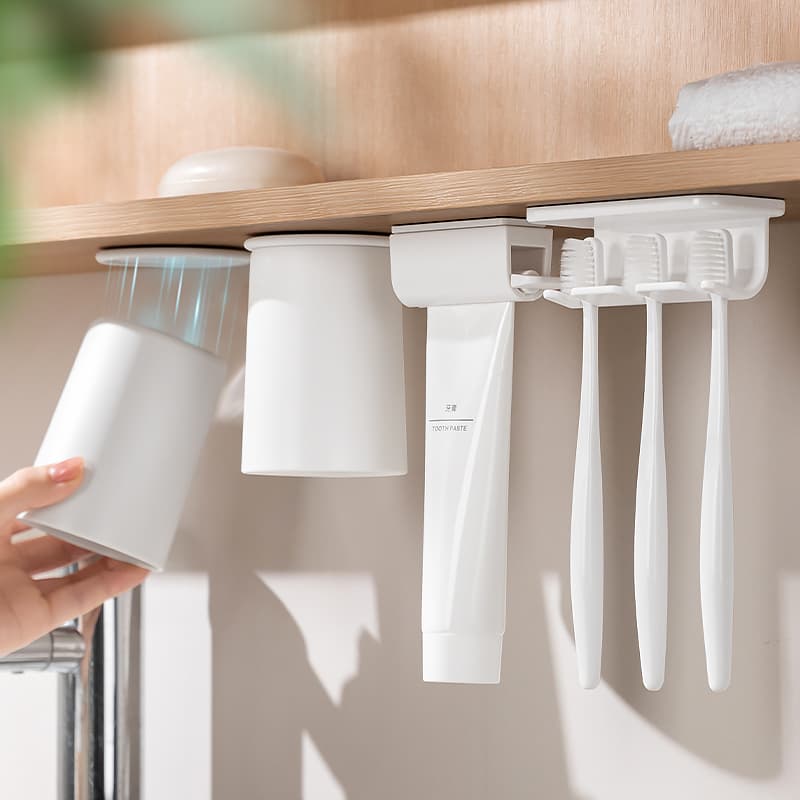 Magnetic Mouthwash Cup under the Mirror, Inverted Toothbrush Holder for a Family of Four, Toothpaste Dispenser, Inverted Toothbrush Cup Holder