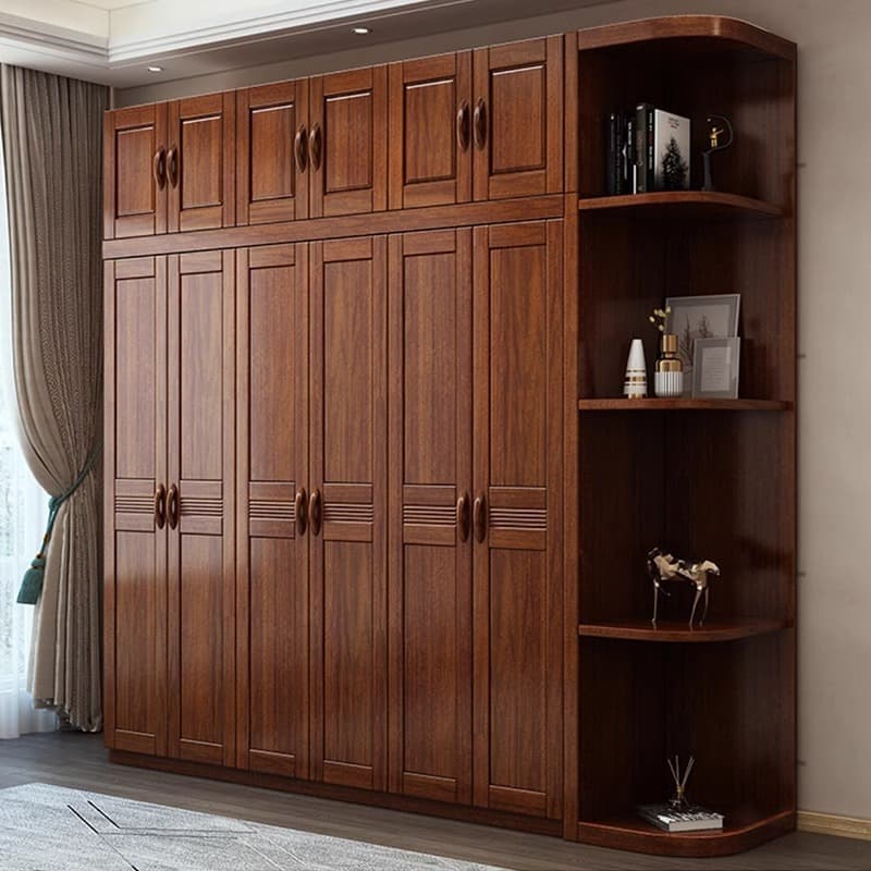 New Chinese-Style Walnut Solid Wood Wardrobe for Home Bedroom, Walnut Double-Door Storage Assembly Cabinet