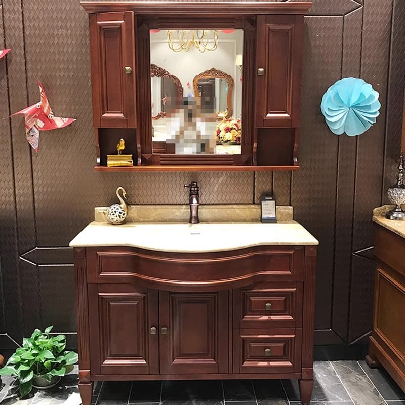 Simple European-Style Oak Bathroom Cabinet Set, American-Style Floor-Standing Bathroom Vanity with Washbasin, Solid Wood Washstand