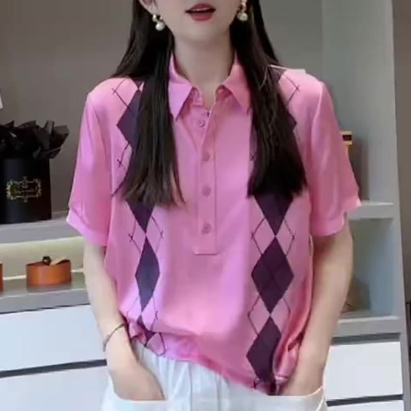 Pink Polo Collar Short-Sleeved Women's Top, 2025 Summer New Design, Loose, Stylish, Artistic, Cute, Plus Size, Trendy