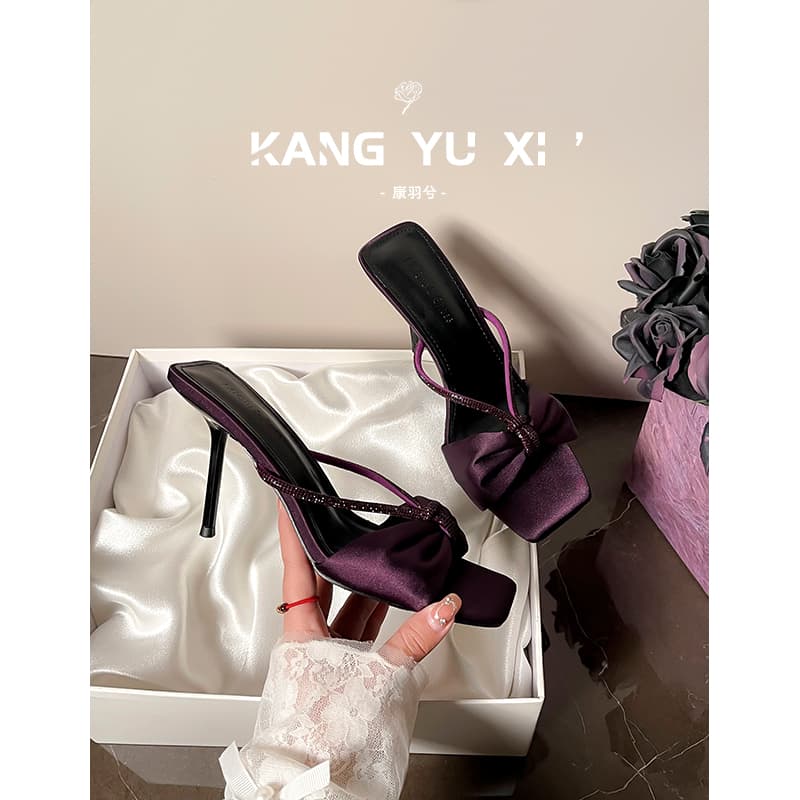 Purple Satin Rhinestone Strap Sandals for Women 2025 Summer New Style Elegant Open-Toe Outdoor Stiletto High-Heeled Slippers