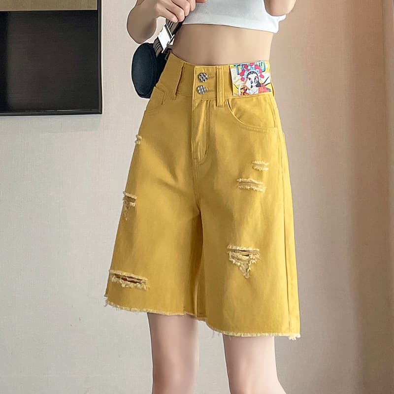 Ripped Denim Shorts for Women, Leg-Covering, 2025 Summer Dopamine Pants, High-Waisted, Loose, Yellow, Straight-Leg, Knee-Length Shorts