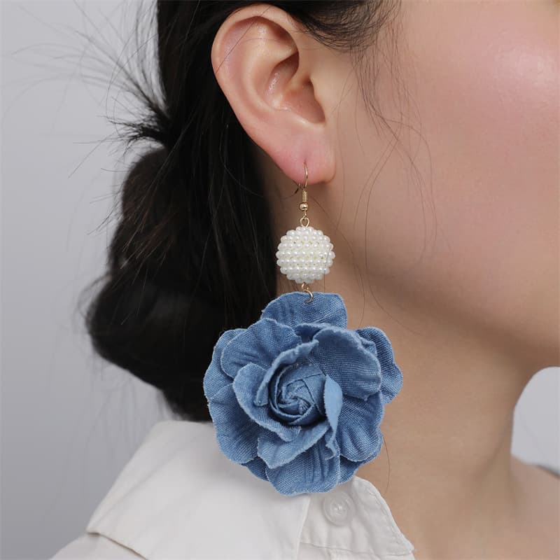 French Camellia Denim Blue Fabric Earrings for Women, Floral Earrings with a High-End, Light Luxury Design and Fashionable Feel