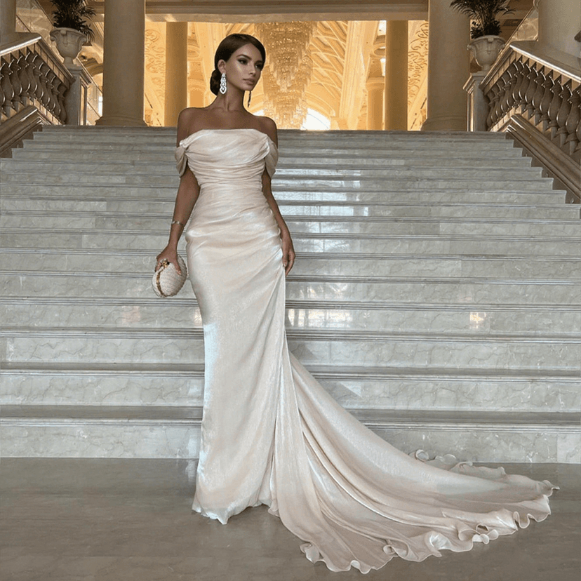 French-Style High-End Satin Sexy Dress, Off-Shoulder, with a Train, Banquet Reception Dress, Engagement Bride Dress Sf001