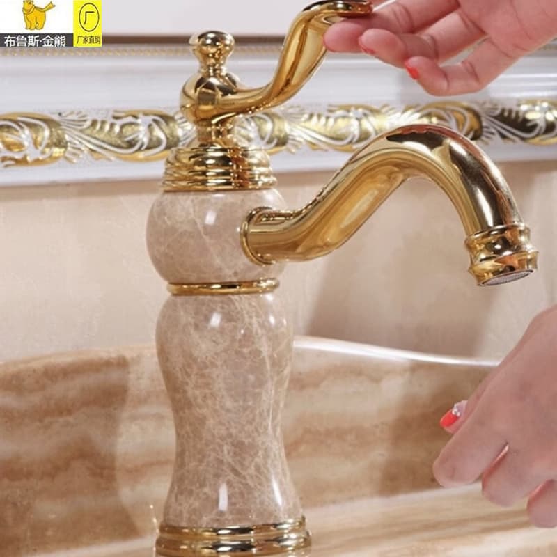 European-Style Golden All-Copper Natural Jade Faucet Under-Counter Basin Hot and Cold Marble Basin Household Retro Faucet
