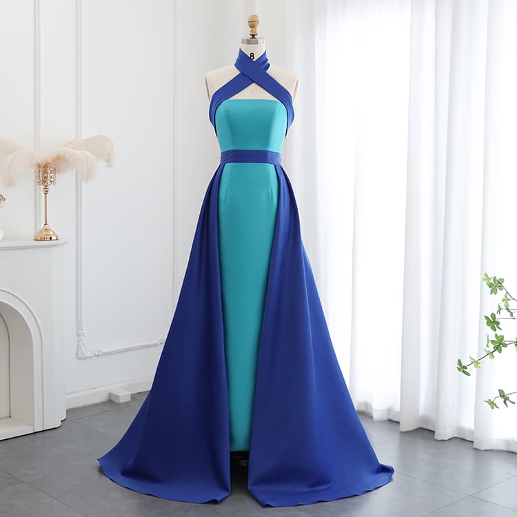 High-End Blue Contrasting Color Dress, High-Waisted Halter Neck with Train, Performance Costume, Solo Performance, Art Exam, Evening Party, Plus Size Dress Sf012