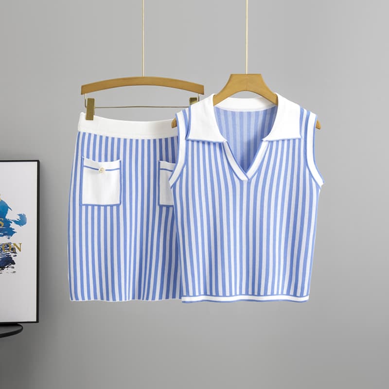 Summer Outfit with a Complete Set of Fashionable and Age-Reducing Clothing, Blue and White Striped Knitted Vest with Pockets and Half-Length Skirt Two-Piece Set for Women