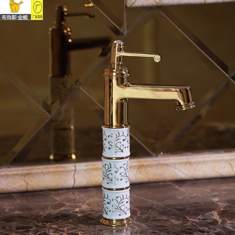 French-Style All-Copper Gold Basin Faucet for Hot and Cold Water, Washbasin Above and Below Counter, European Retro Heightened Bathroom Classic