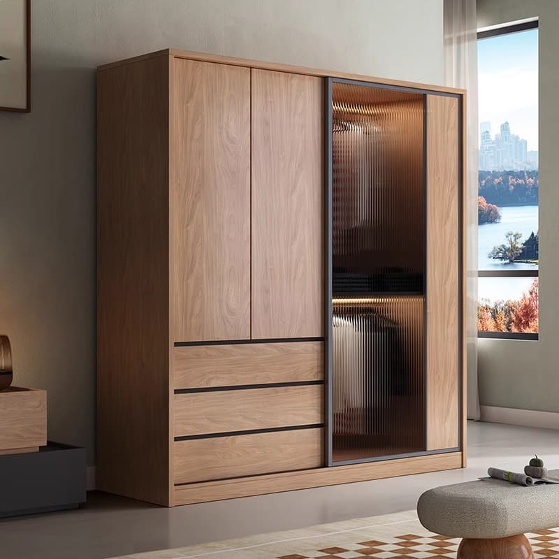 Walnut Sliding Door Wardrobe Modern Minimalist Home Bedroom Storage Cabinet Japanese Sliding Glass Door Wardrobe