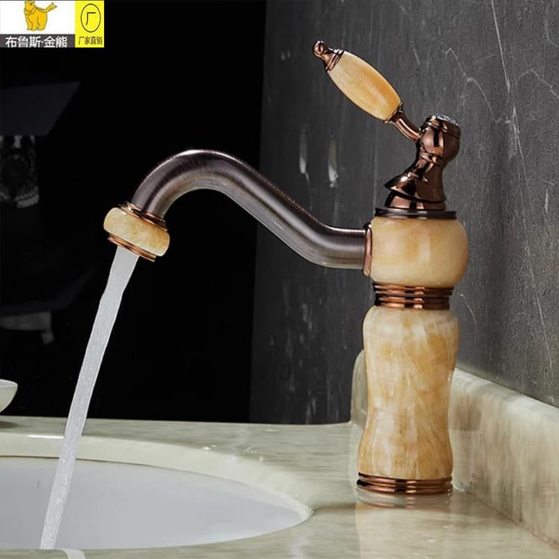 European-Style Retro Faucet, Hot and Cold, All-Copper Bathroom Sink Basin, Brown Antique Bronze, Antique American-Style Jade Faucet