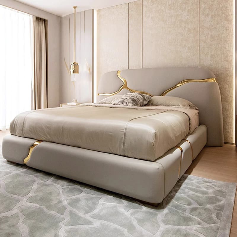 Italian Light Luxury Leather Bed Robert Mansion House Large Flat Floor Gilt Wide Screen Bed River Wedding Bed Designer Bed