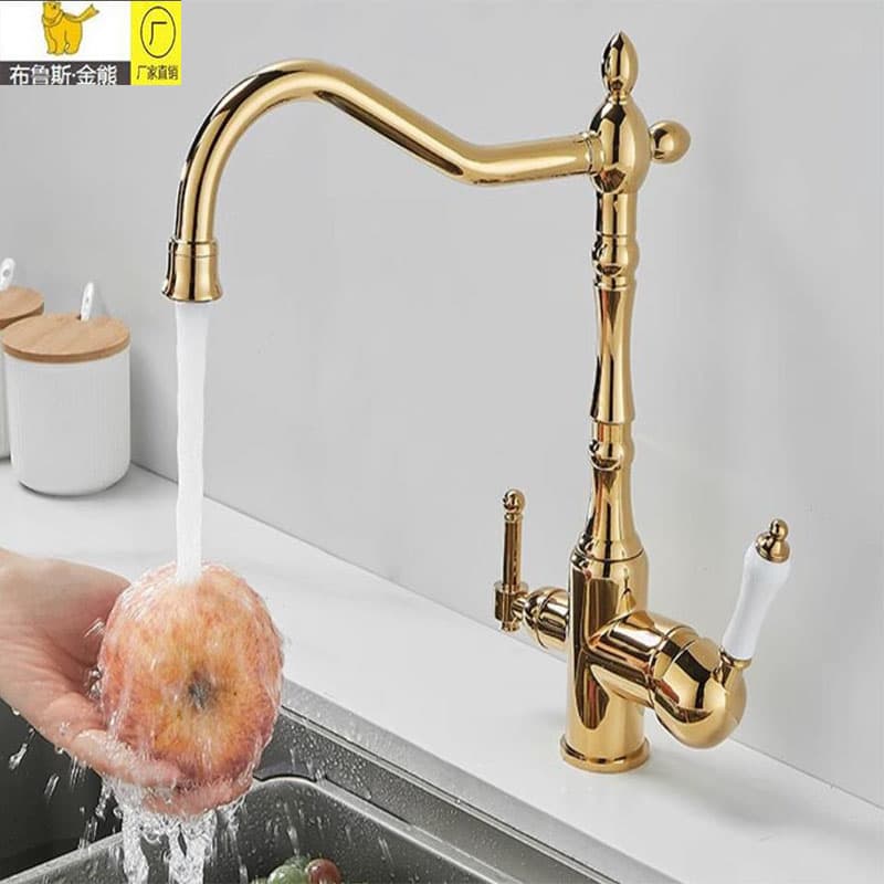 French-Style Retro All-Copper Kitchen Faucet, Gold Three-In-One Sink for Washing Vegetables, Hot and Cold Water Sink, Rotatable and Splash-Proof