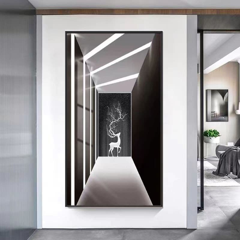 Entrance Hall Decorative Painting, Space-Expanding Mural, High-End Vertical Corridor Aisle Hanging Painting, Modern Minimalist with Lights