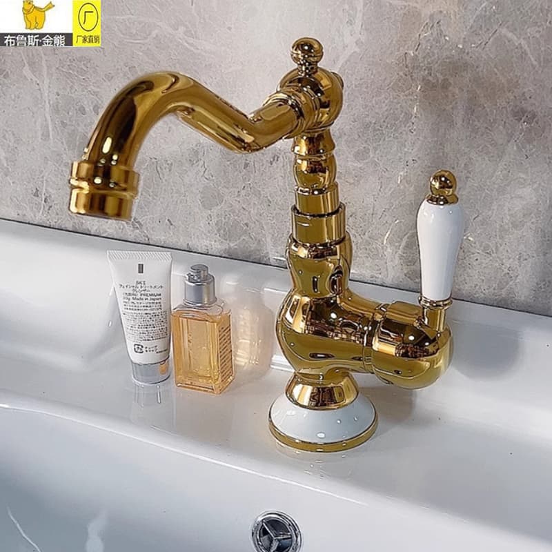 French-Style Vintage Faucet Brass Basin Sink Faucet Classical Bathroom Gold Ceramic Handle Hot and Cold Water Tap