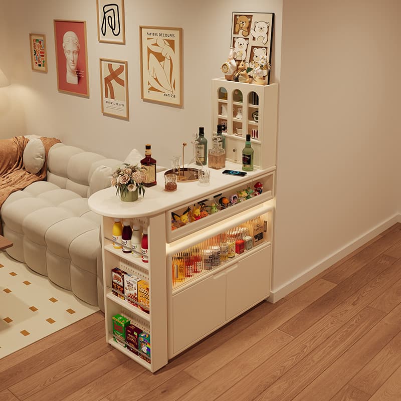 Cream-Style Solid Wood Retractable Bar Table Partition with Integrated Double-Sided Wine Cabinet for Living Room, Wall-Mounted, Rotatable, Multifunctional