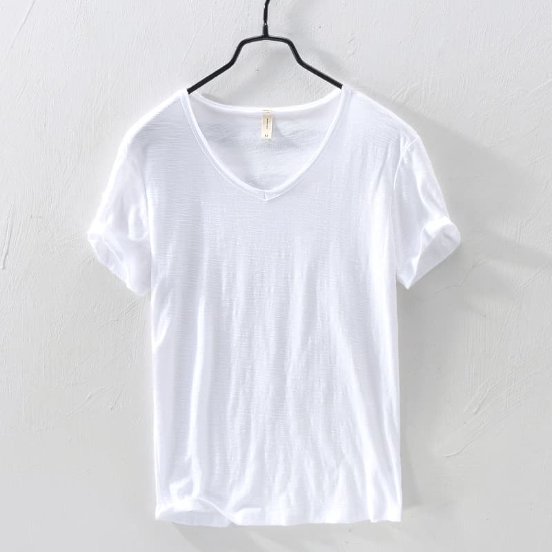 Soft Bamboo Cotton Short-Sleeved T-Shirt Men's Casual Thin Japanese Style Style Distressed Raw Edge V Neck Slim Cotton Men's T-Shirt