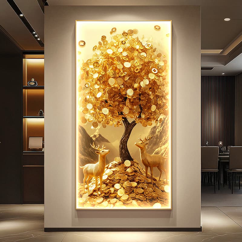 Accessible Luxury rich tree porch decorative painting Golden two thousand corridor wall painting lamp Bring In Wealth and Treasure deer entrance door is facing the wall painting