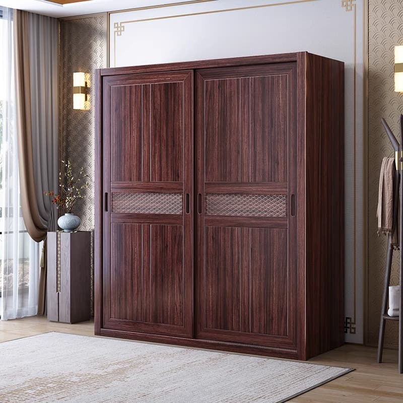New Chinese Style Ebony Sliding Door Wardrobe Solid Wood Two-Door Chinese Fad For Home Bedroom Hanging Clothes Large Wardrobe