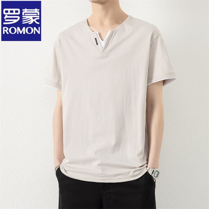 Romon V-Neck Short-Sleeve T-Shirt for Men, Summer Trendy Thin Ice Silk Half-Sleeve Trendy Brand T-Shirt, Fake Two-Piece Cotton Top