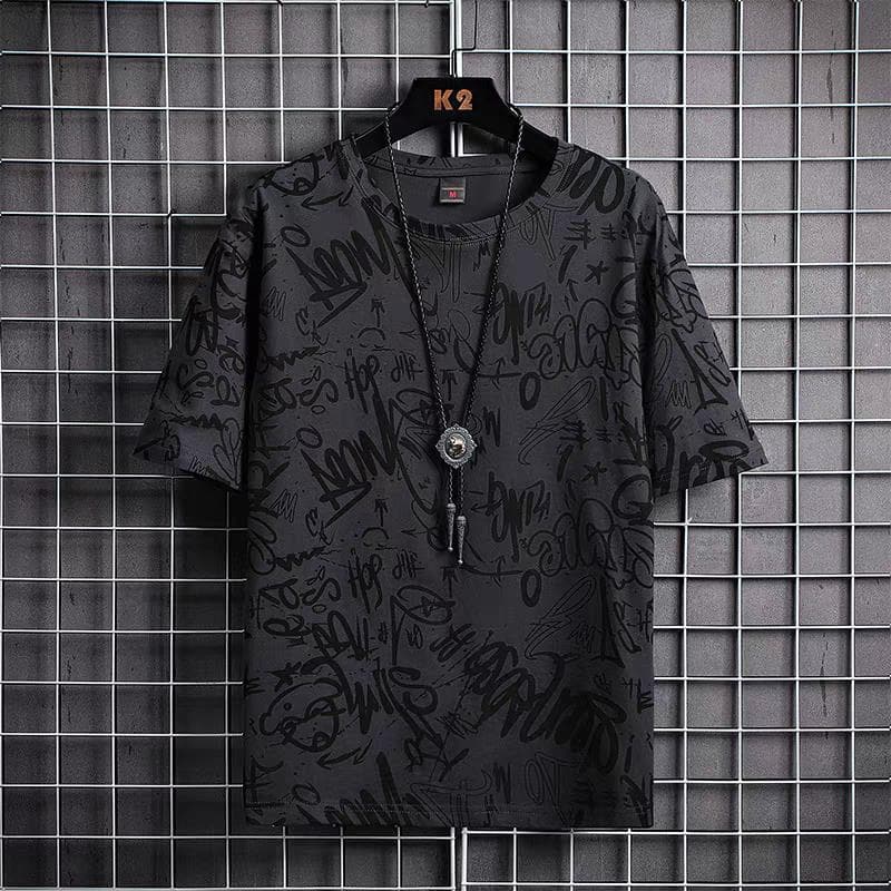 9.9 Graffiti Short-Sleeved T-Shirt for Work, Men's Loose Summer Ice Silk Half-Sleeved Plus Fat Plus Size Top