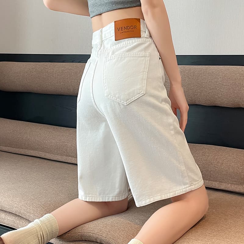 White Women's Summer Thin High-Waisted Loose Pear-Shaped Shorts That Cover Thick Legs and Make You Look Slimmer, Over-The-Knee Denim Wide-Leg Shorts