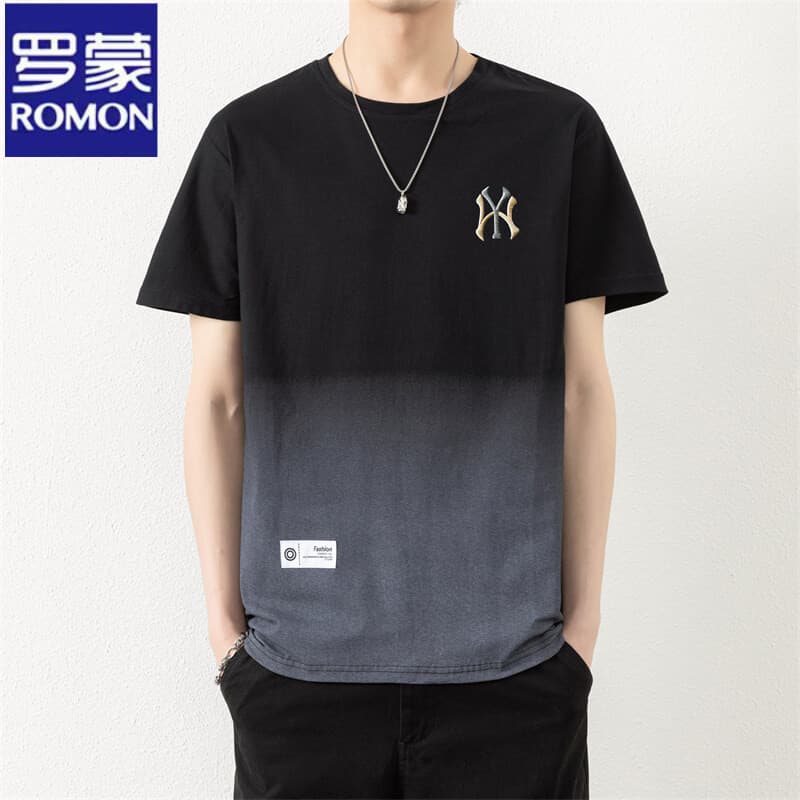Romon Pure Cotton Gradient Color Short-Sleeved T-Shirt for Men, New Summer Thin Trendy Round-Neck Half-Sleeve Base Shirt Clothing