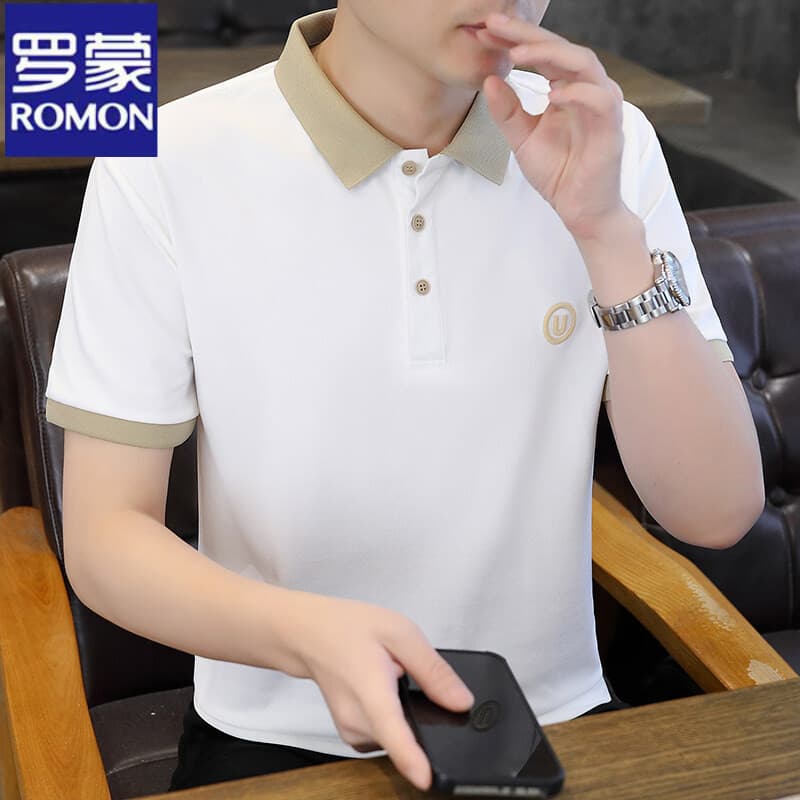 Romon Men's Short-Sleeve Polo Shirt with Embroidered Collar, New Summer Trendy Casual T-Shirt, Versatile Men's Top with Collar