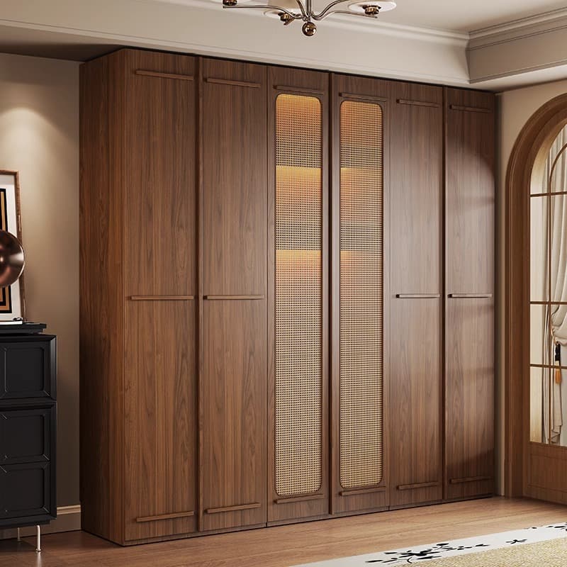 High-End Mid-Century Style Skeleton Line Rattan Door Wardrobe Walnut Color Home Bedroom One Door to Top European Pine Board Large Wardrobe