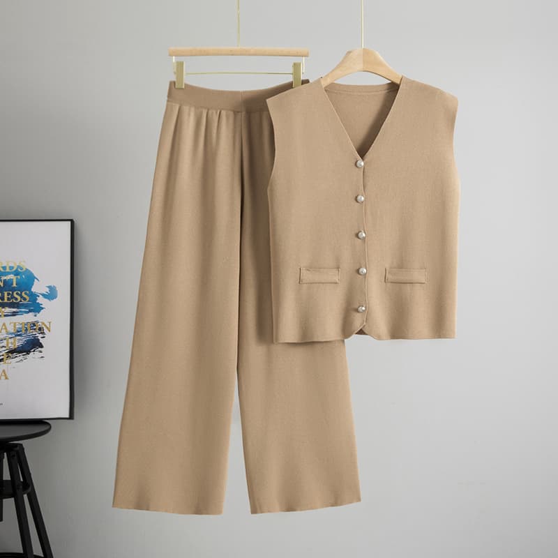 25-Year-Old Summer New Style Goddess-Like Elegant Slim-Fit Knit Sleeveless V-Neck Cardigan Top and Wide-Leg Pants Set