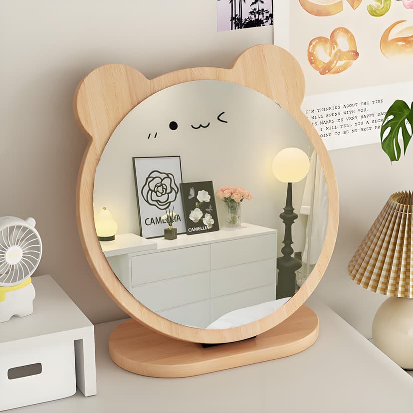 Mirror Household Desktop Desktop Vanity Mirror Student Dormitory Wooden Round Mirror Girls Master Bedroom Portable Makeup Mirror