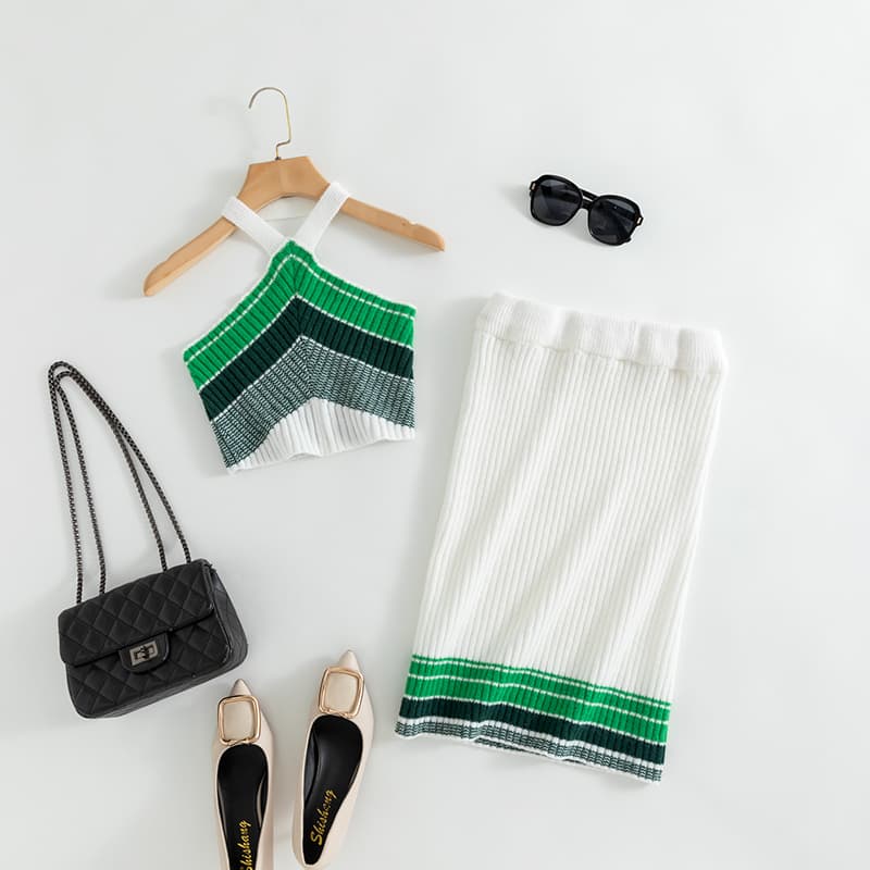Hong Kong Style Retro Hottie Style Suit for Women Summer Short Vest Top Versatile High Waist Skirt Knitted Two-Piece Set