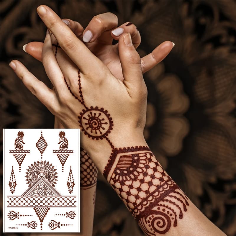 Cross-Border European and American Henna Tattoo Stickers Brown-Red Lace Tattoo Stickers Colorful Disposable Stickers Waterproof and Sweat-Proof Tattoos